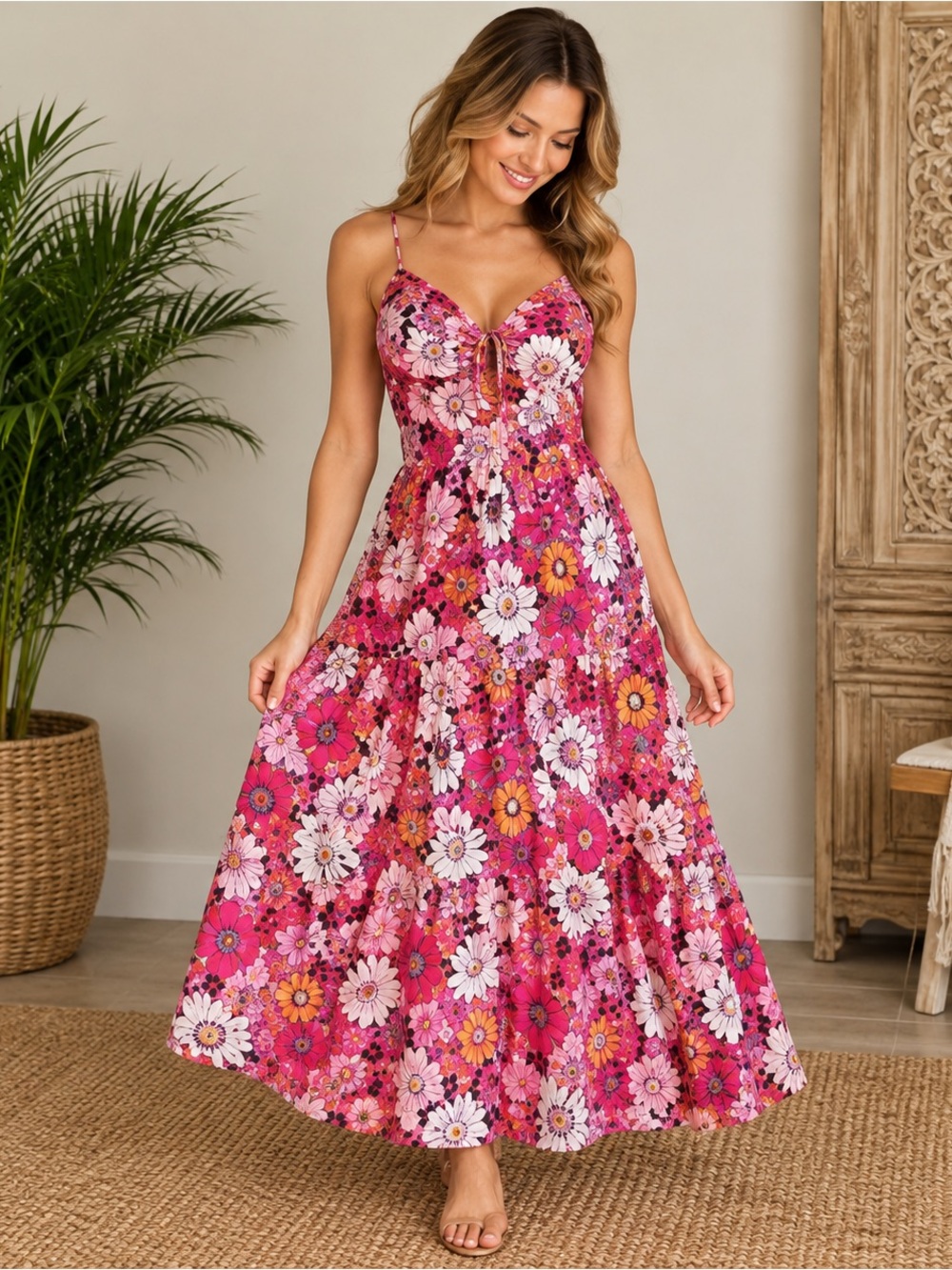 Pink Floral Tiered Maxi Dress Spaghetti Strap Boho Sundress